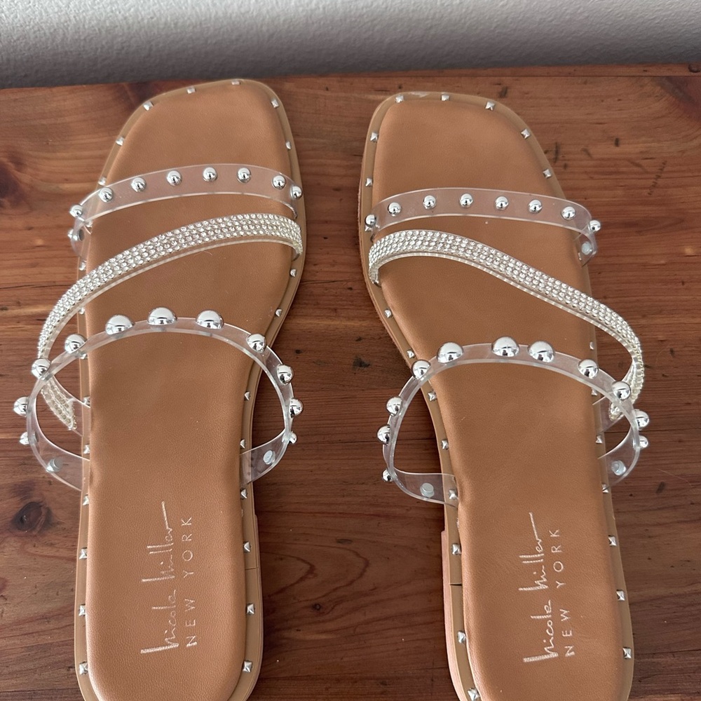 Nicole Miller Women's Tan Sandals with Silver Accents